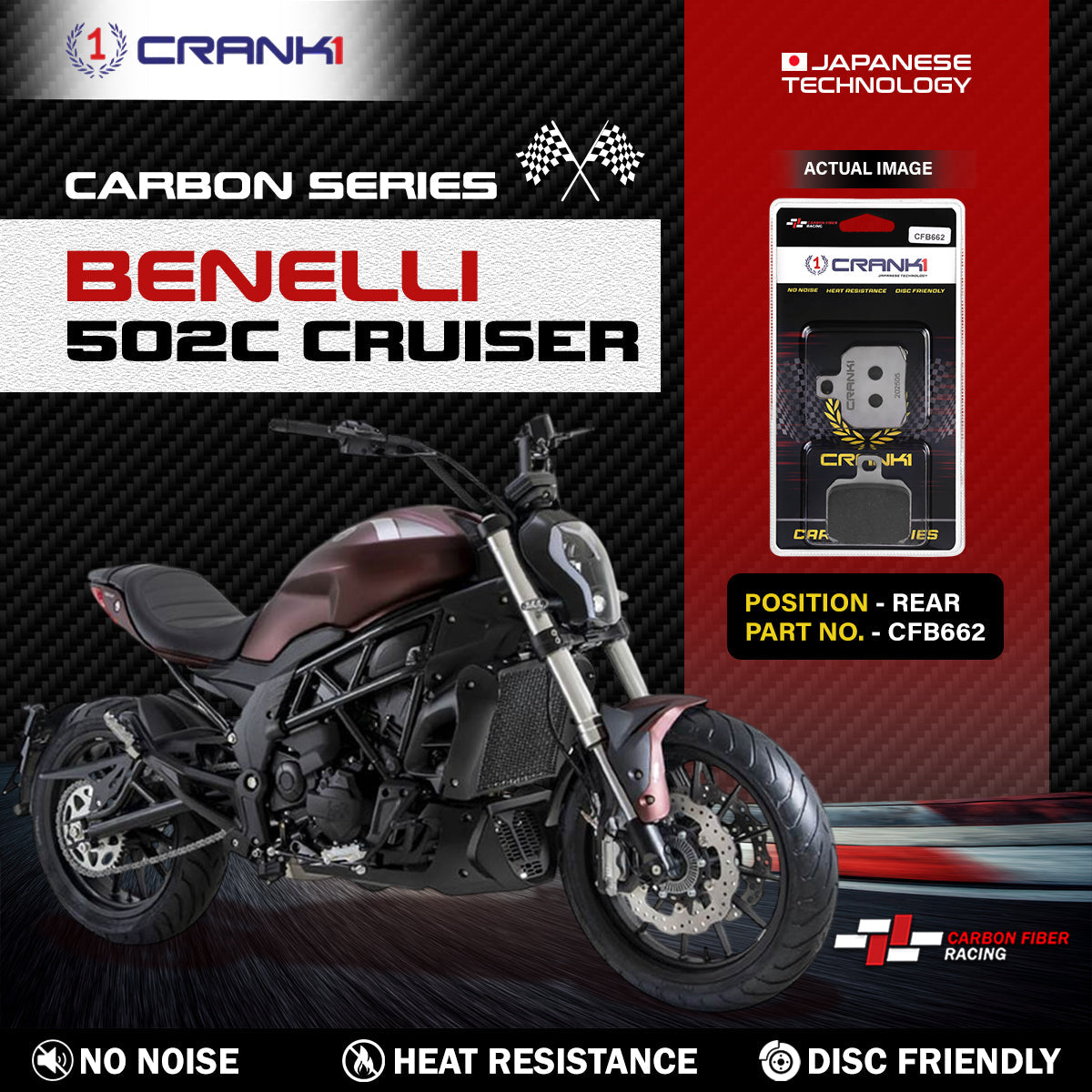 Crank1 Carbon Brake Pads For Benelli 502C Cruiser - Rear - CFB662