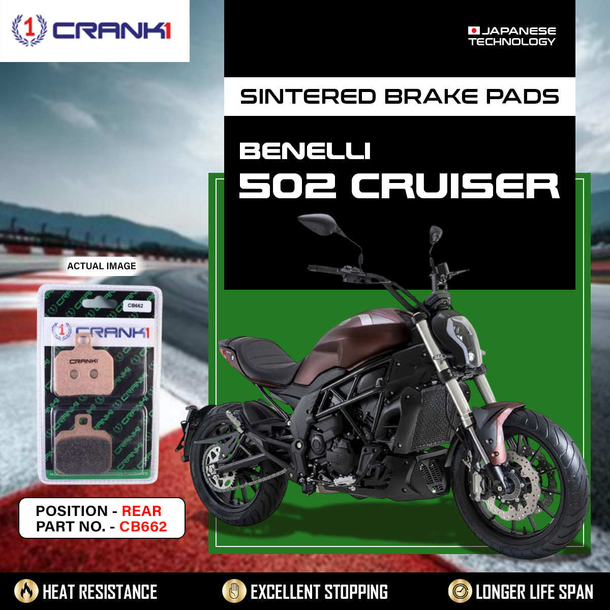 Crank1 Sintered Brake Pads For Benelli 502C Cruiser - Rear - CB662