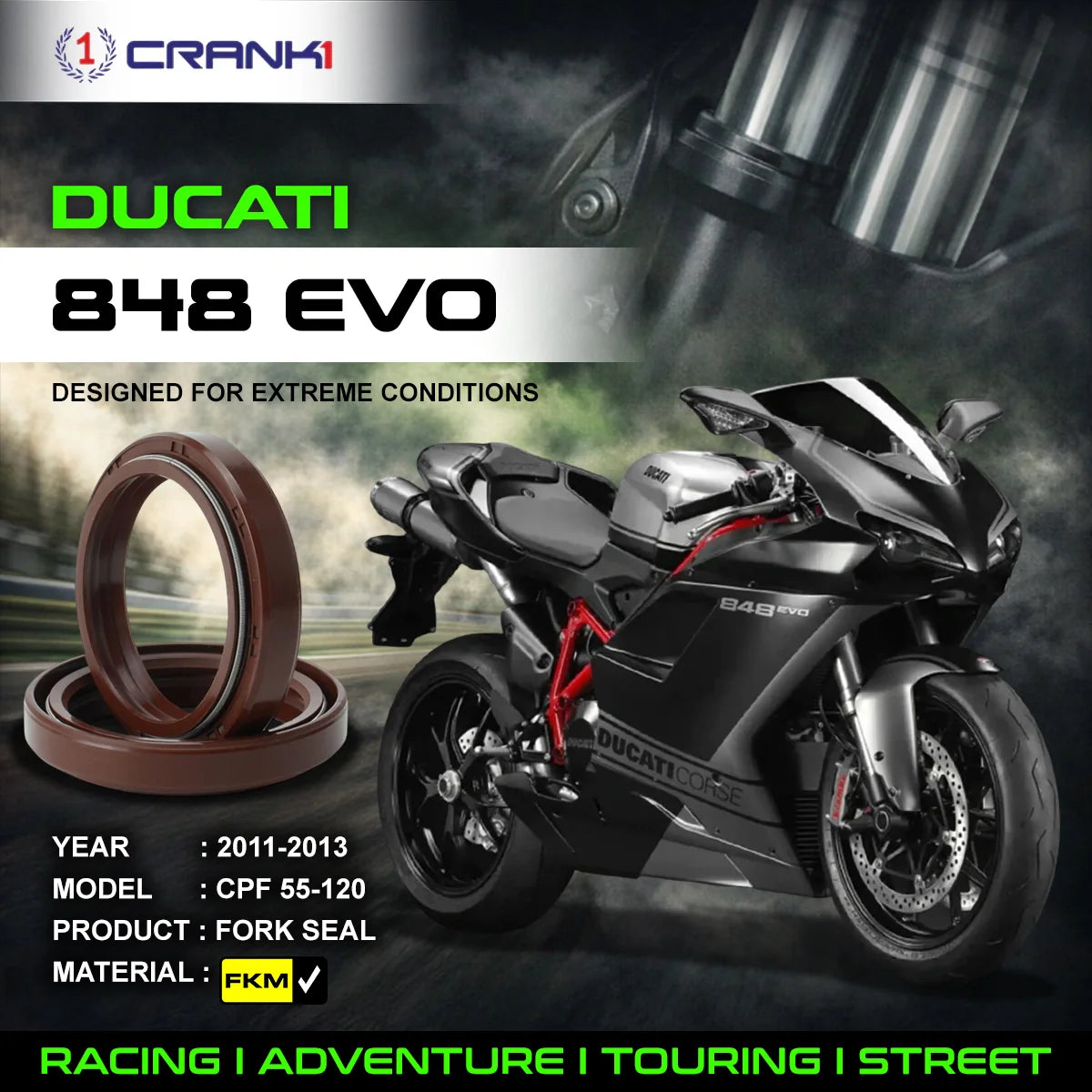 Crank1 Fork Oil Seals Pair For Ducati 848 EVO (2011-2013) - CPF55-120