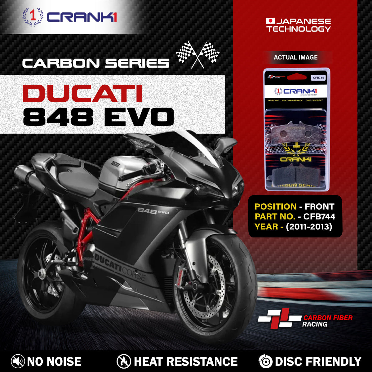 Crank1 Carbon Brake Pads For Ducati 848 EVO (2011-2013) - Front - CFB744 - 2 Sets