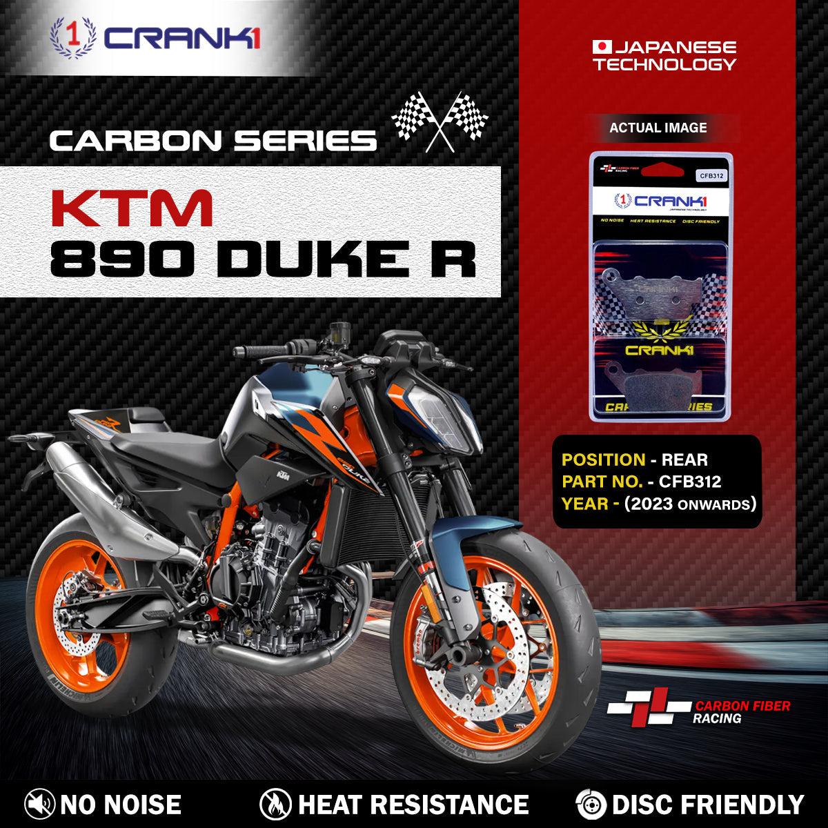Crank1 Carbon Brake Pads For KTM 890 Duke R (2023 Onwards) - Rear - CFB312