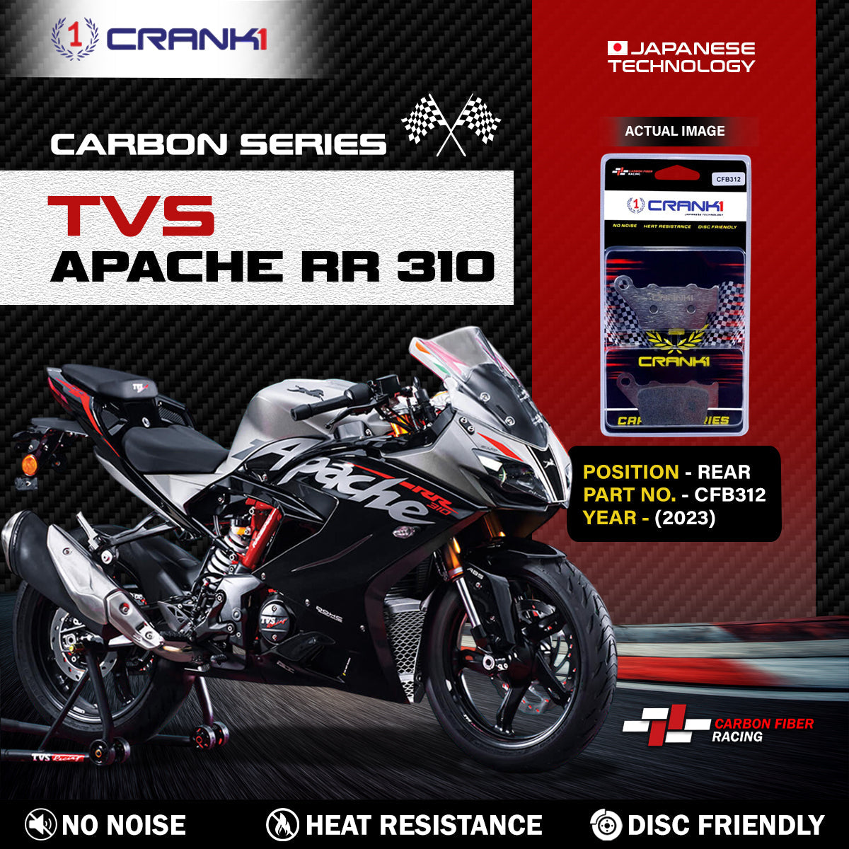 Crank1 Carbon Brake Pads For TVS Apache RR 310 (2023) - Rear - CFB312