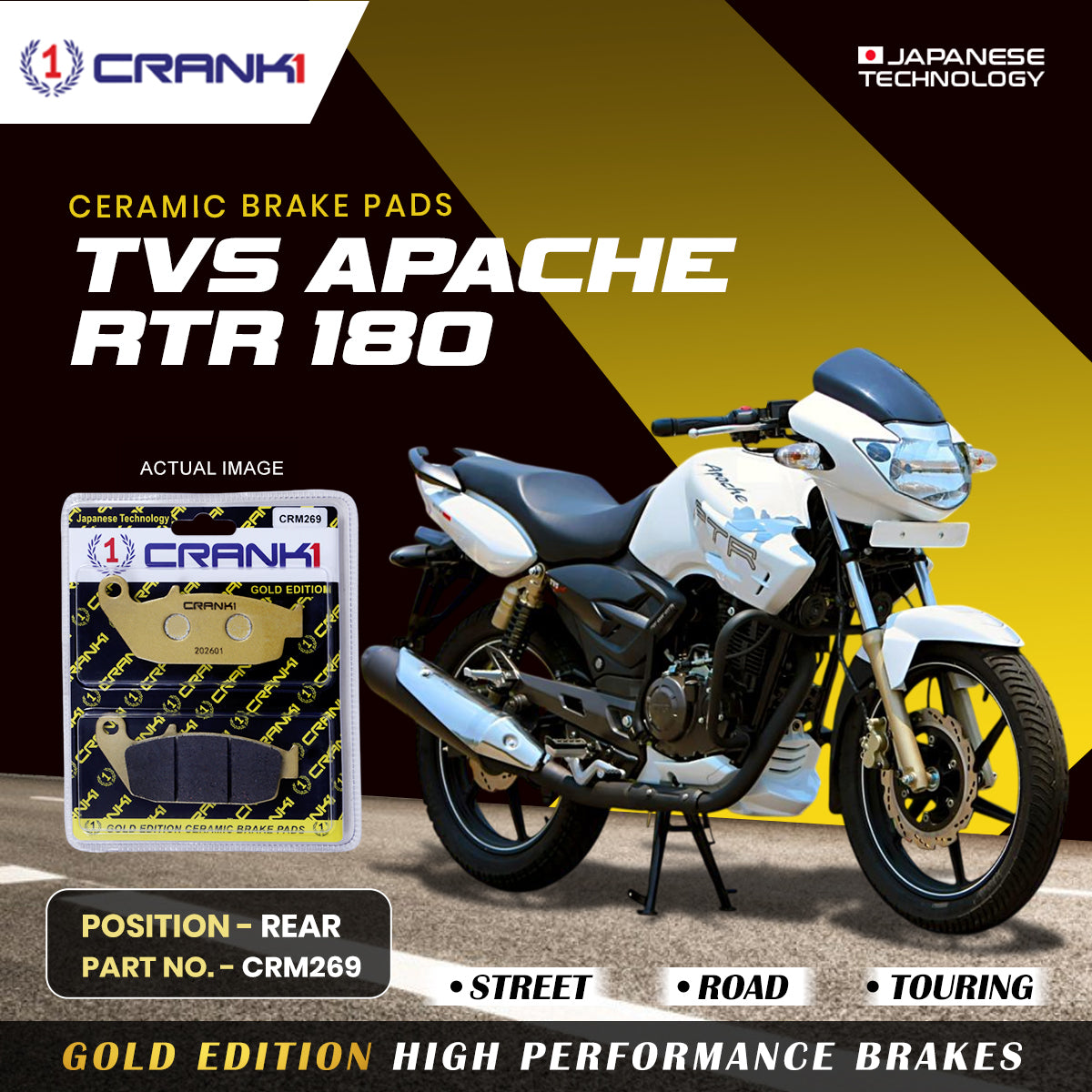Crank1 Ceramic Brake Pads For TVS Apache RTR 180 - Rear - CRM269