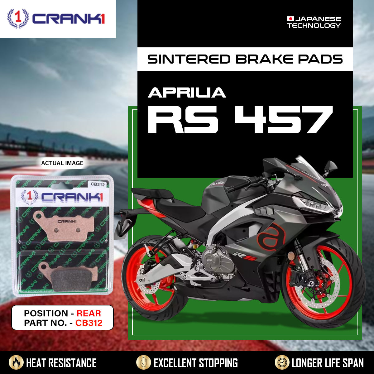 Crank1 Sintered Brake Pads For Aprilia RS 457 - Rear - CB312