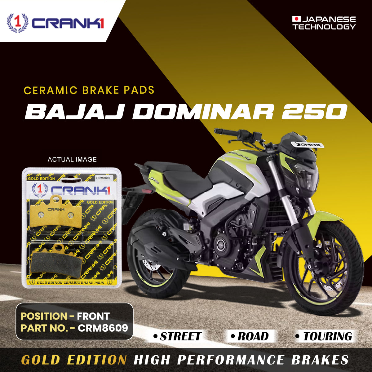 Crank1 Ceramic Brake Pads For Bajaj Dominar 250 - Front - CRM8609