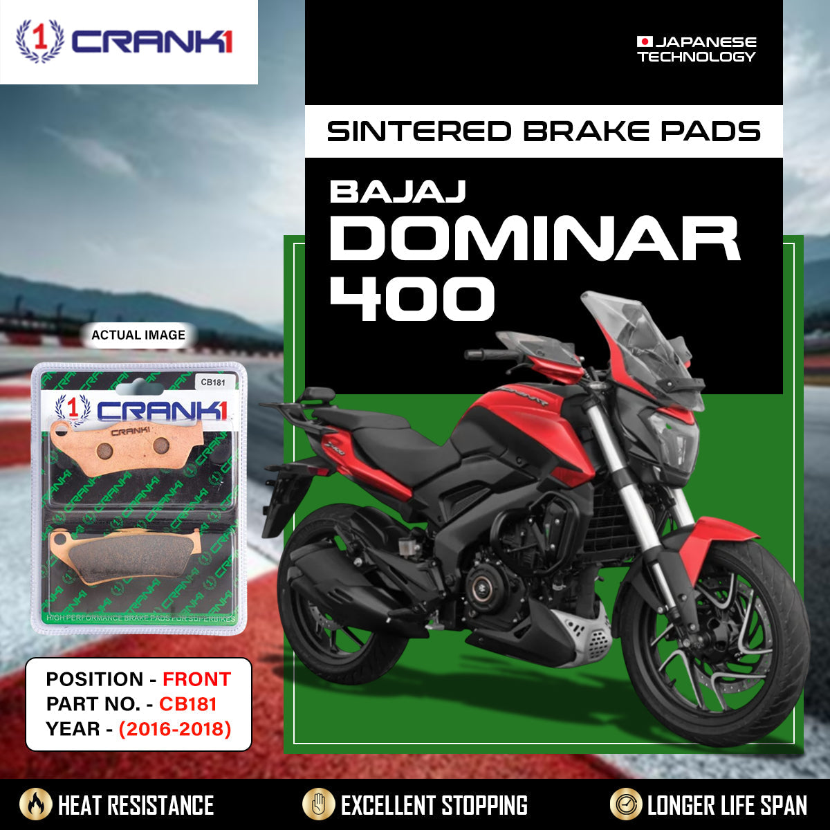 Crank1 Sintered Brake Pads For Bajaj Dominar 400 (2016-2018) - Front - CB181