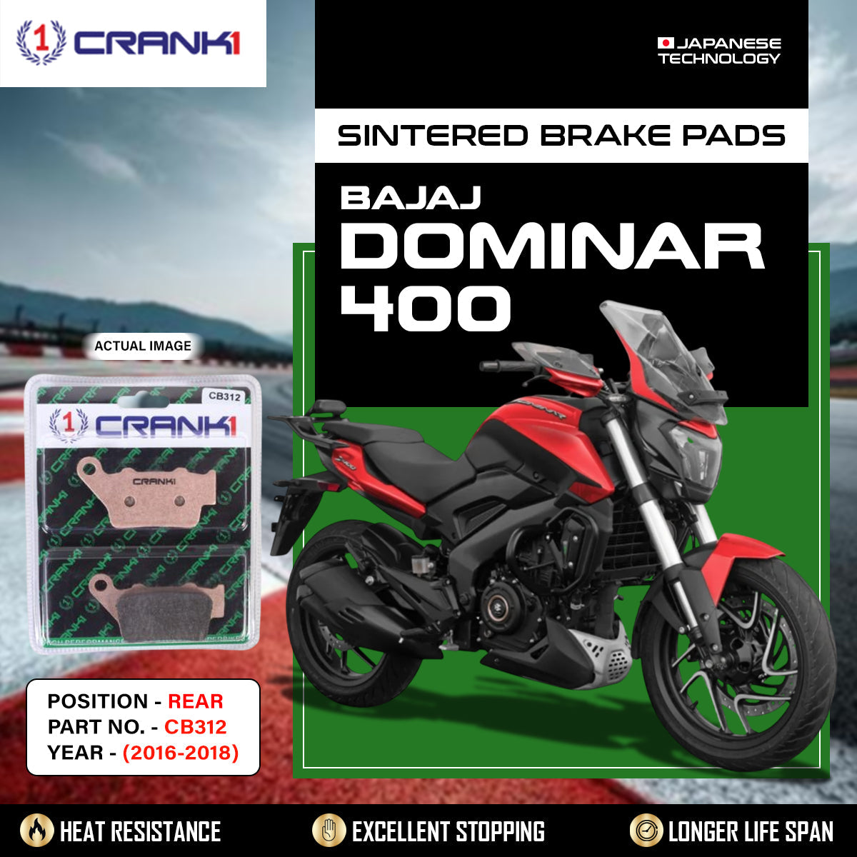 Crank1 Sintered Brake Pads For Bajaj Dominar 400 (2016-2018) - Rear - CB312