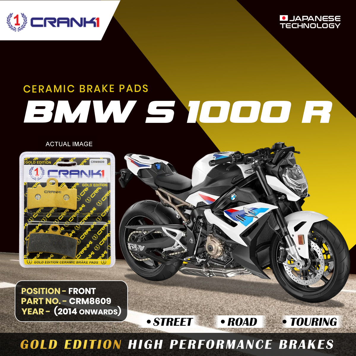 Crank1 Ceramic Brake Pads For BMW S 1000 R (2014 Onwards) - Front - CRM8609 - 2 Sets