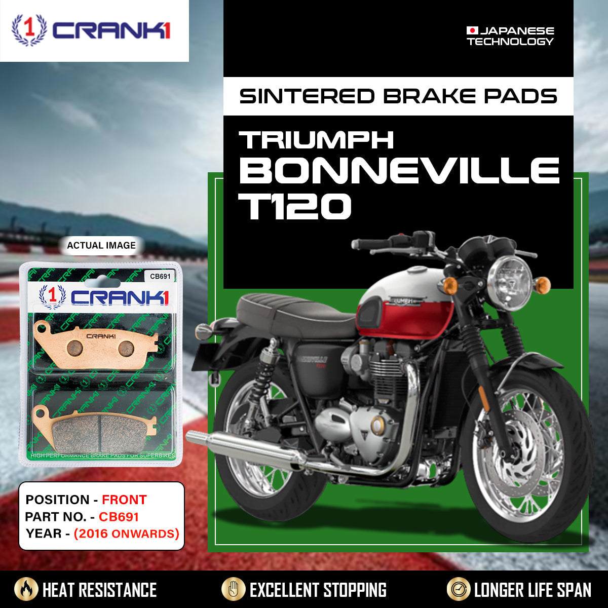 Crank1 Sintered Brake Pads For Triumph Bonneville T120 (2016 Onwards) - Front - CB691