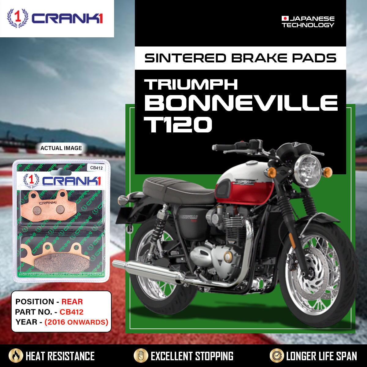 Crank1 Sintered Brake Pads For Triumph Bonneville T120 (2016 Onwards) - Rear - CB412