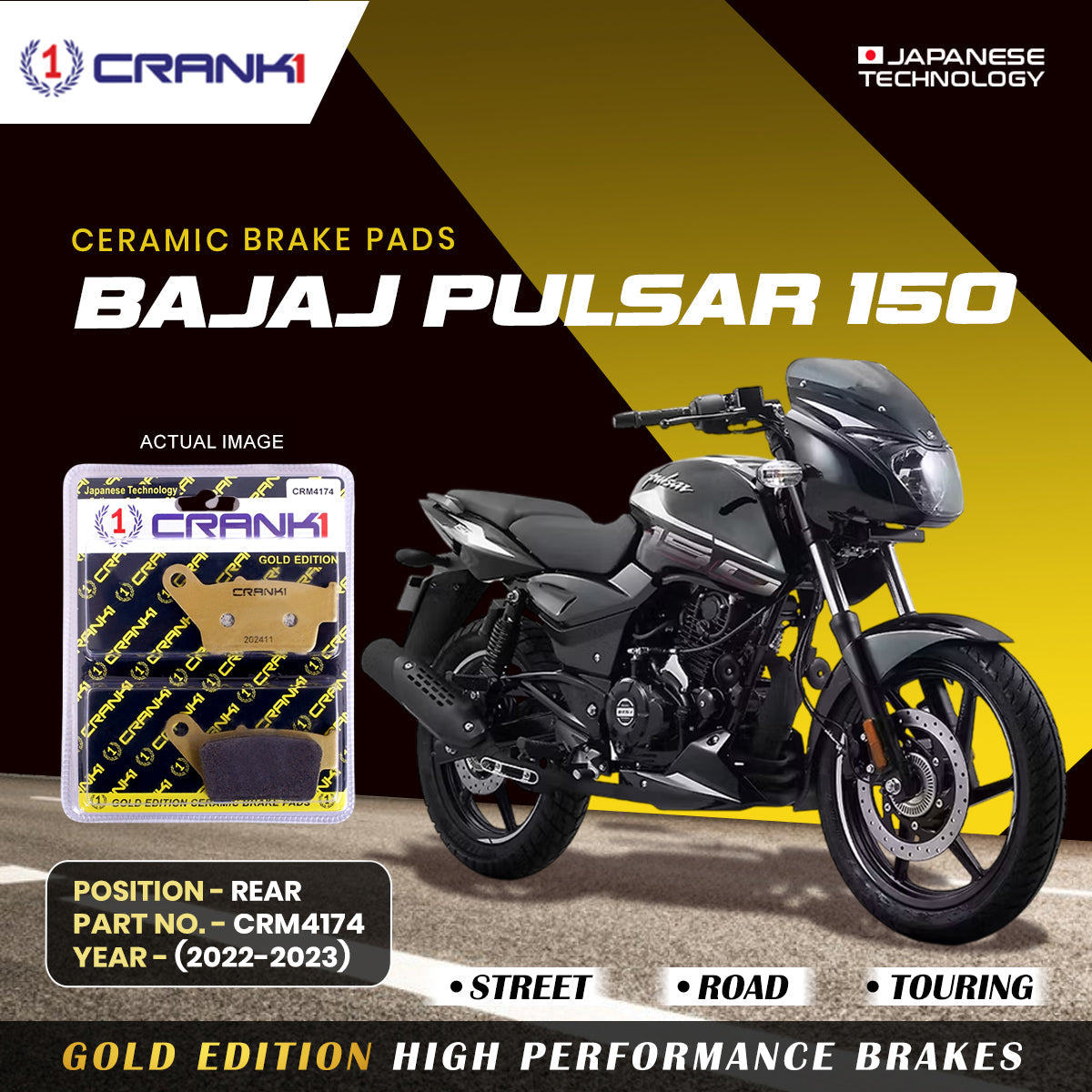 Crank1 Ceramic Brake Pads For Bajaj Pulsar 150 (2022-2023) - Rear - CRM4174
