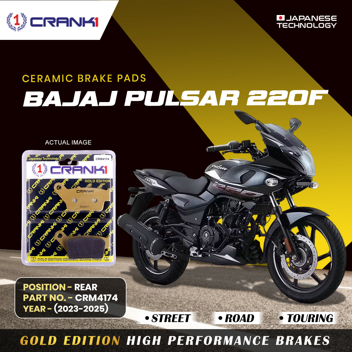 Crank1 Ceramic Brake Pads For Bajaj Pulsar 220F (2023-2025) - Rear - CRM4174