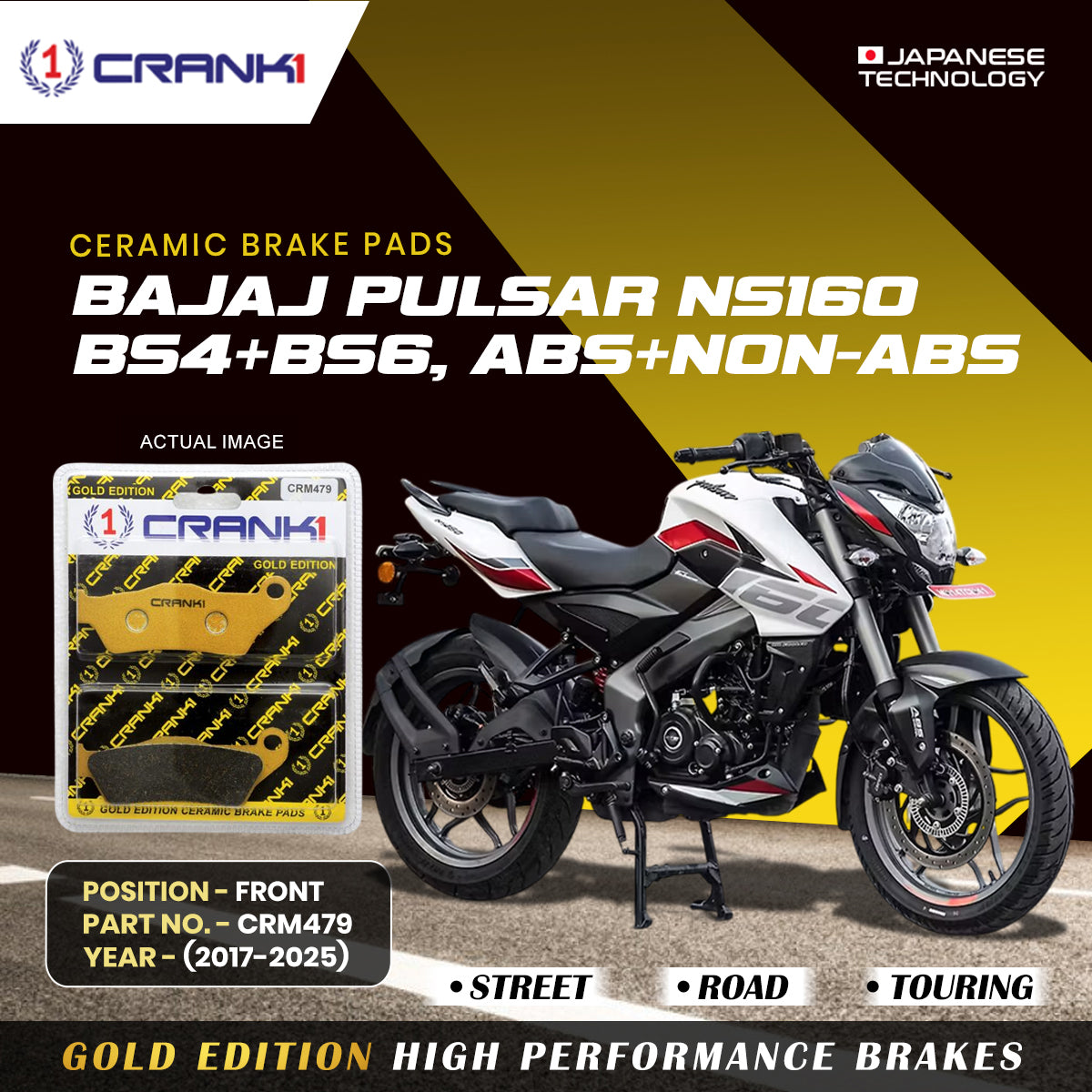 Crank1 Ceramic Brake Pads For Bajaj Pulsar NS-160 BS4+BS6,ABS+NON-ABS (2017-2025) - Front - CRM479