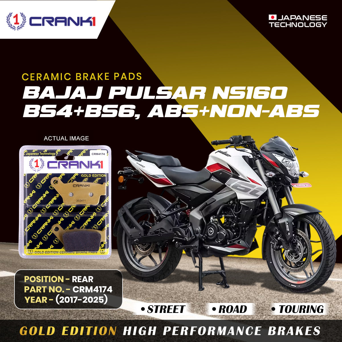 Crank1 Ceramic Brake Pads For Bajaj Pulsar NS-160 BS4+BS6, ABS+NON-ABS (2017-2025) - Rear - CRM4174