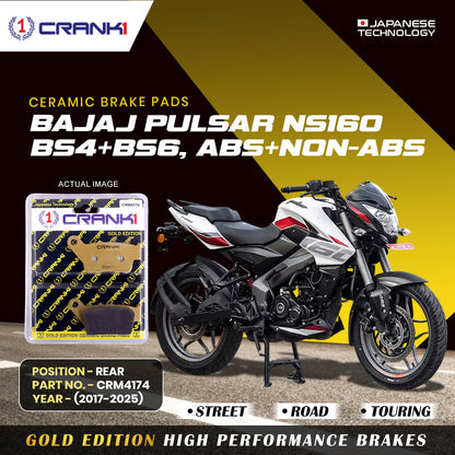 Crank1 Ceramic Brake Pads For Bajaj Pulsar NS-160 BS4+BS6, ABS+NON-ABS (2017-2025) - Rear - CRM4174