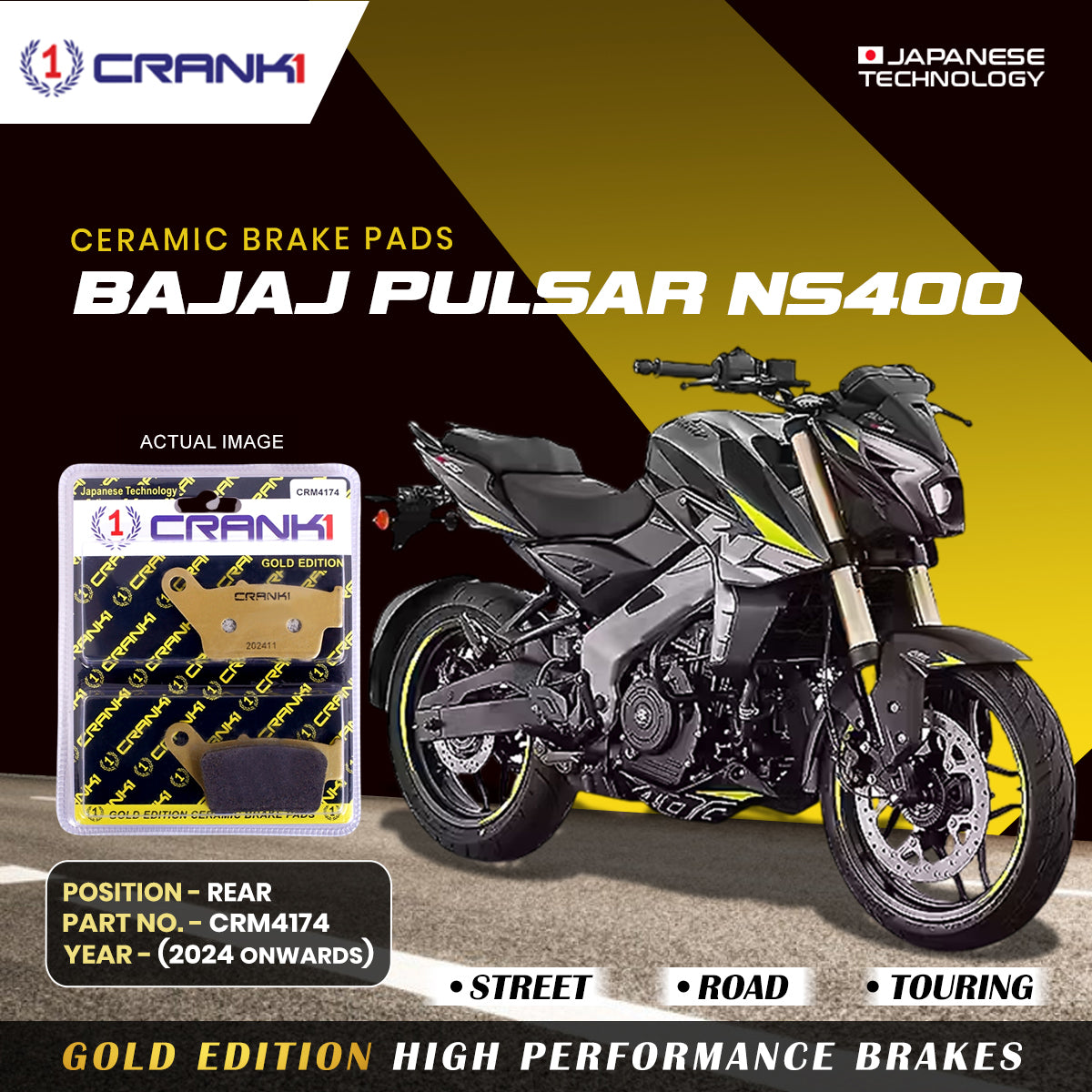 Crank1 Ceramic Brake Pads For Bajaj Pulsar NS400 (2024 Onwards) - Rear - CRM4174