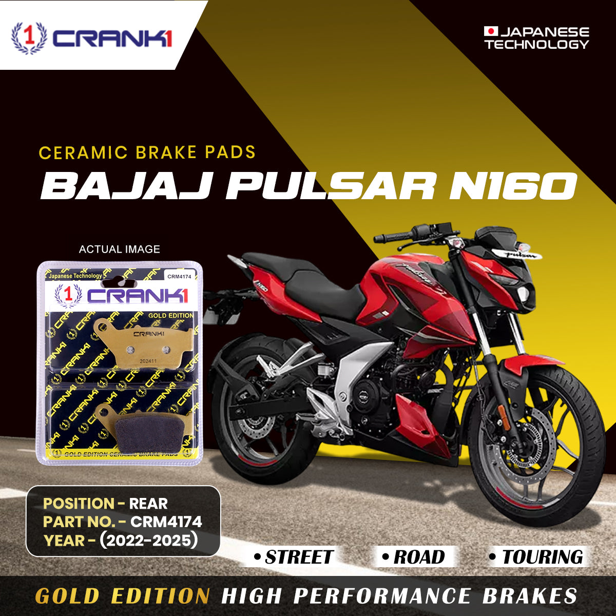 Crank1 Ceramic Brake Pads For Bajaj Pulsar N160 (2022-2025) - Rear - CRM4174