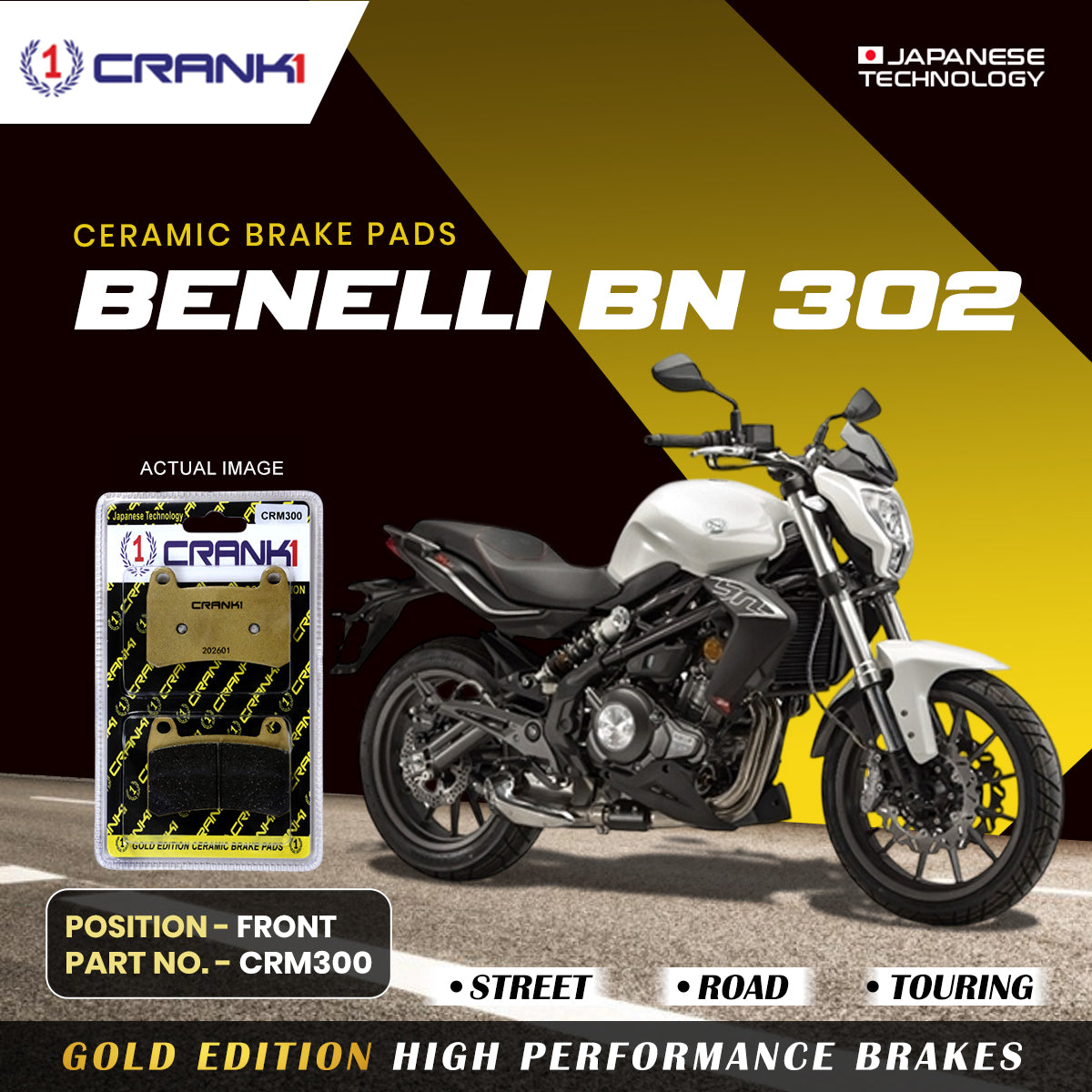 Crank1 Ceramic Brake Pads For Benelli BN 302 - Front - CRM300 - 1 Set