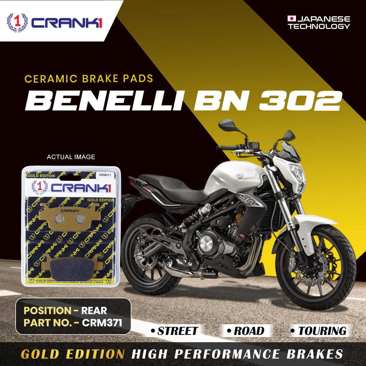 Crank1 Ceramic Brake Pads For Benelli BN 302 - Rear - CRM371 - 1 Set