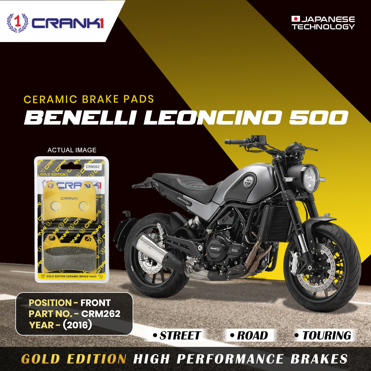 Crank1 Ceramic Brake Pads For Benelli Leoncino 500 (2016) - Front - CRM262 - 2 Sets