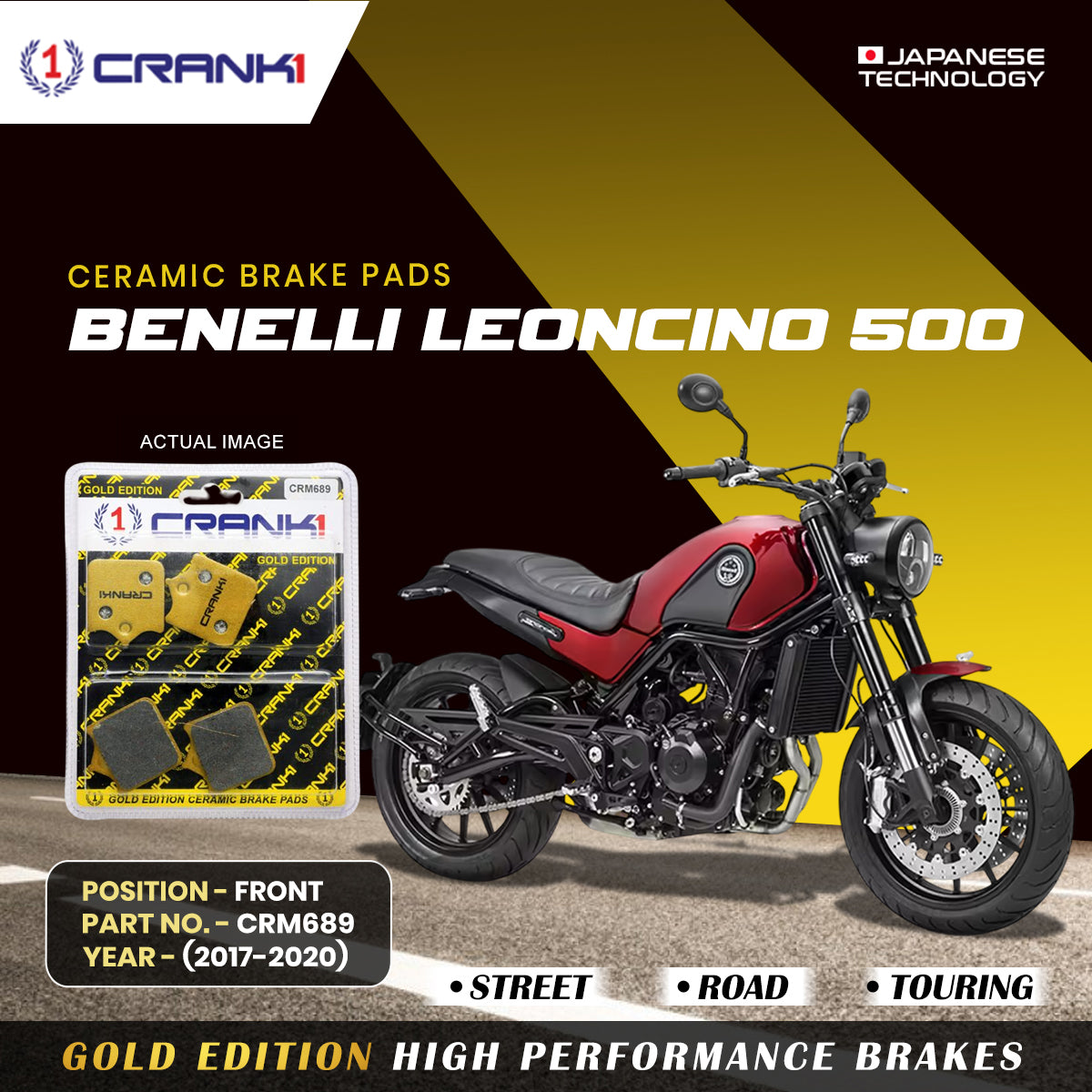 Crank1 Ceramic Brake Pads For Benelli Leoncino 500 (2017-2020) - Front - CRM689