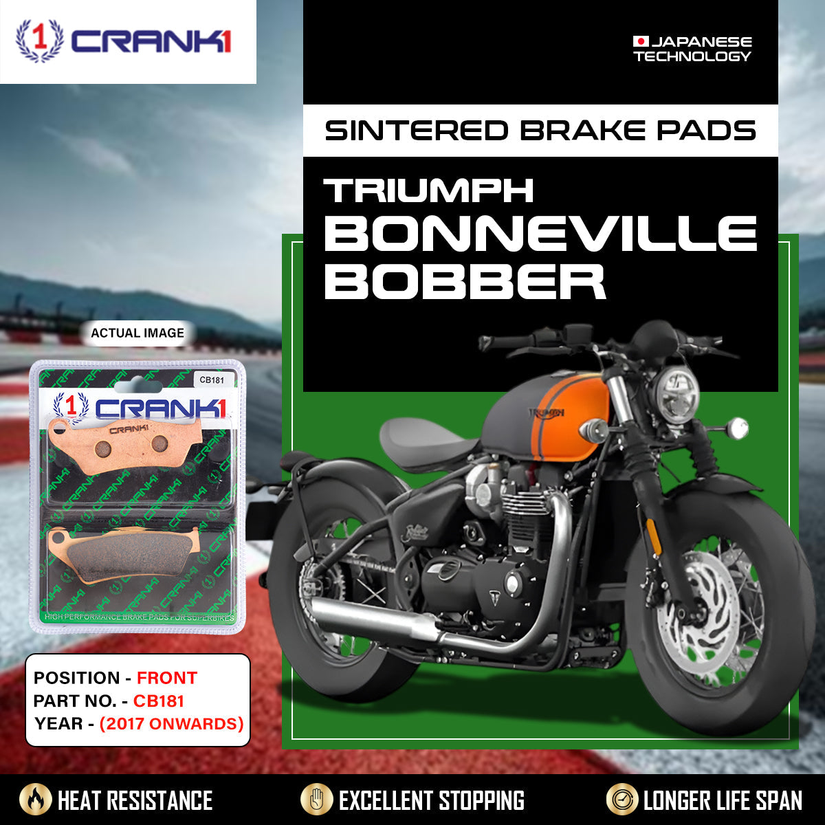 Crank1 Sintered Brake Pads For Triumph Bonneville Bobber (2017 Onwards) - Front - CB181 - 2 Sets Required