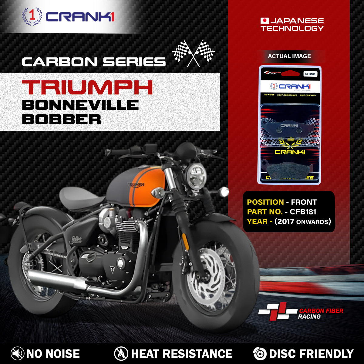 Crank1 Carbon Brake Pads For Triumph Bonneville Bobber (2017 Onwards) - Front - CFB181 - 2 Sets