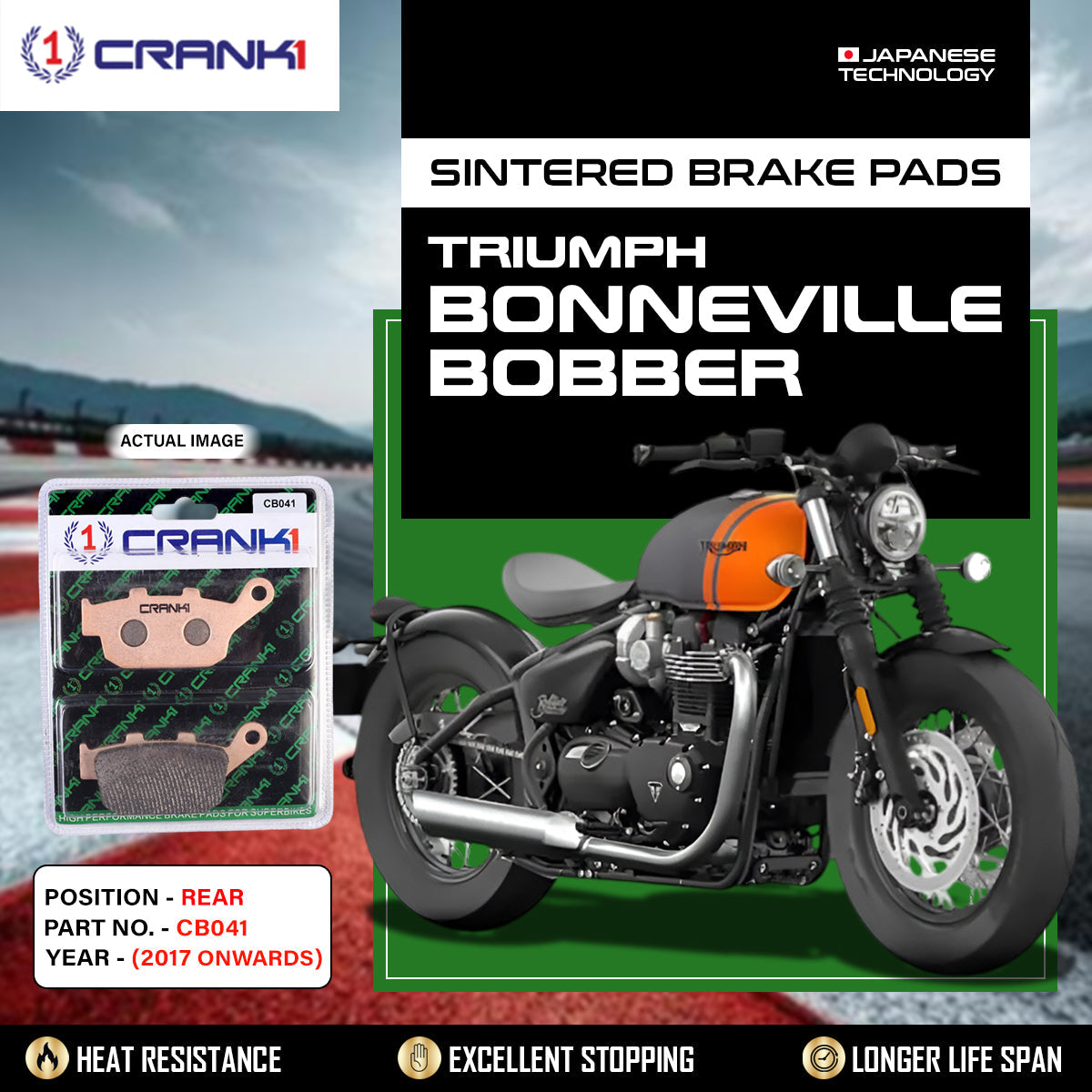 Crank1 Sintered Brake Pads For Triumph Bonneville Bobber (2017 Onwards) - Rear - CB041