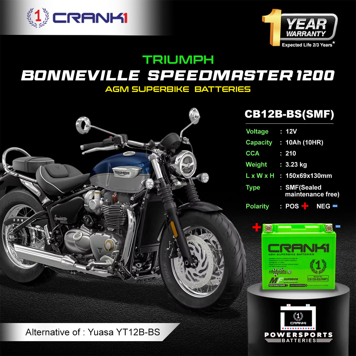 Crank1 Battery For Triumph Bonneville Speedmaster 1200 (2003-2015) - CB12B-BS - Factory Activated