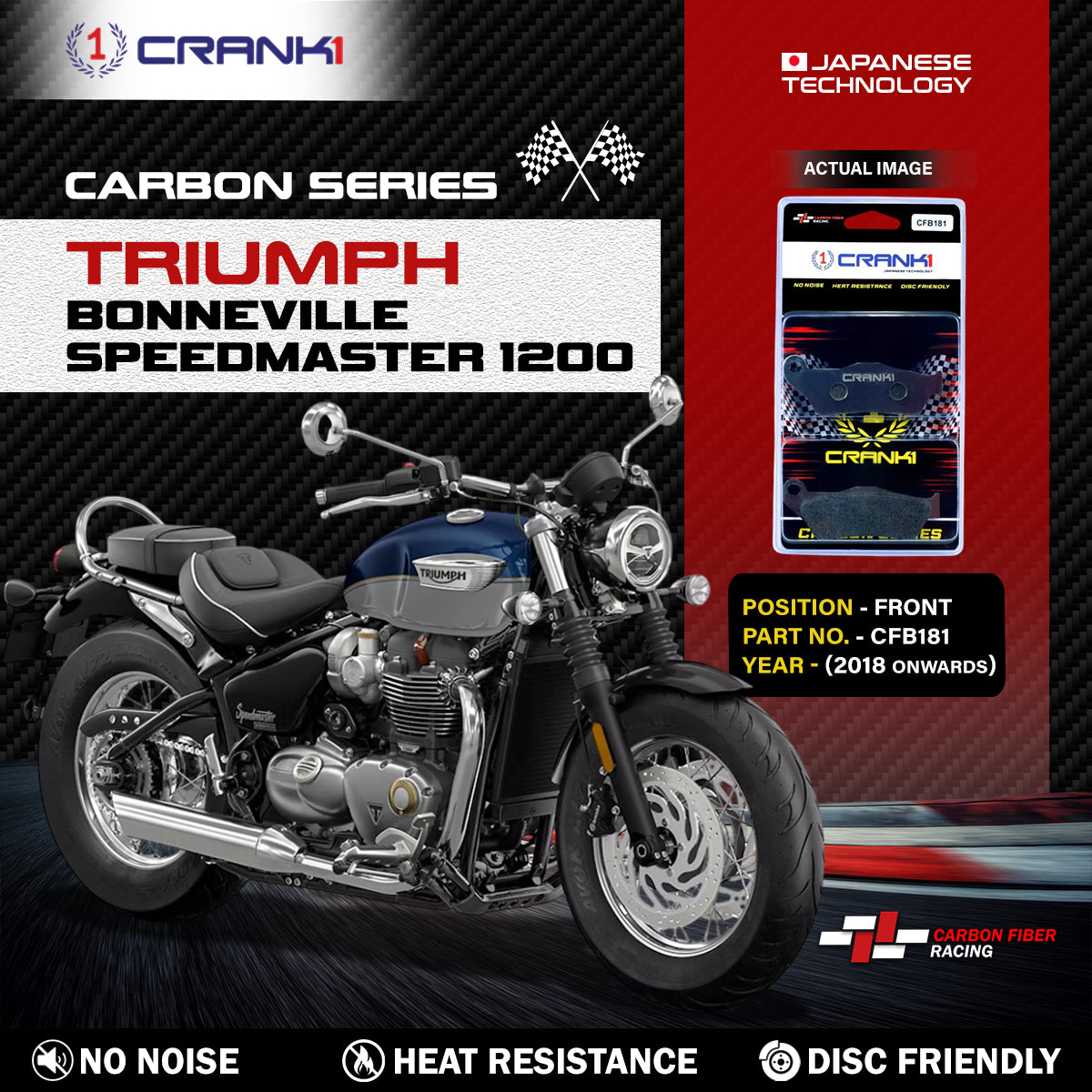 Crank1 Carbon Brake Pads For Triumph Bonneville Speedmaster 1200 (2018 Onwards) - Front - CFB181 - 2 Sets