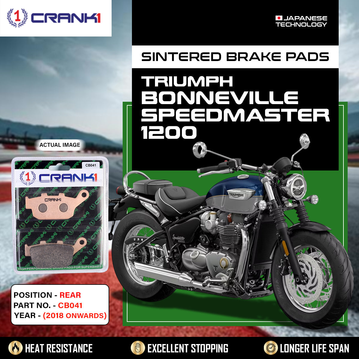 Crank1 Sintered Brake Pads For Triumph Bonneville Speedmaster 1200 (2018 Onwards) - Rear - CB041
