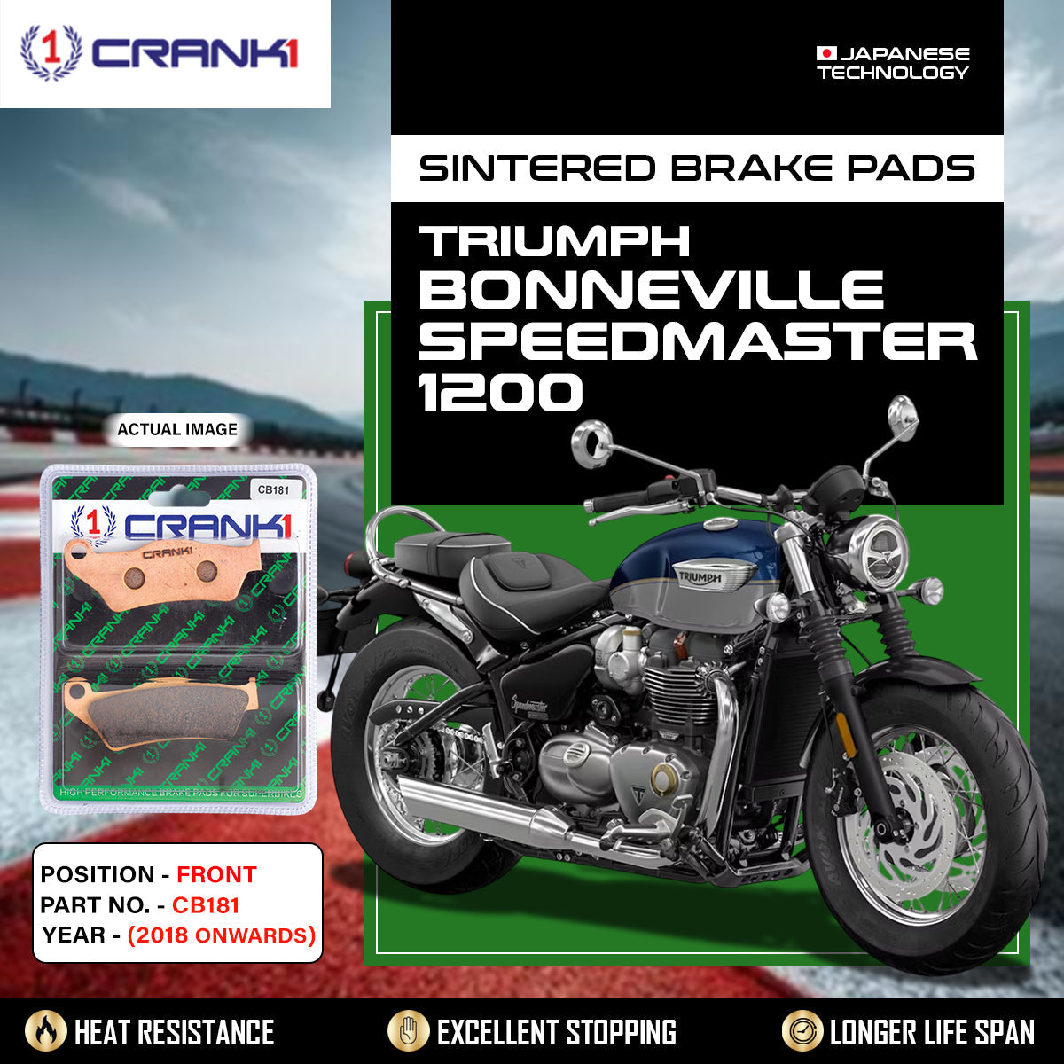 Crank1 Sintered Brake Pads For Triumph Bonneville Speedmaster 1200 (2018 Onwards) - Front - CB181 - 2 Sets Required