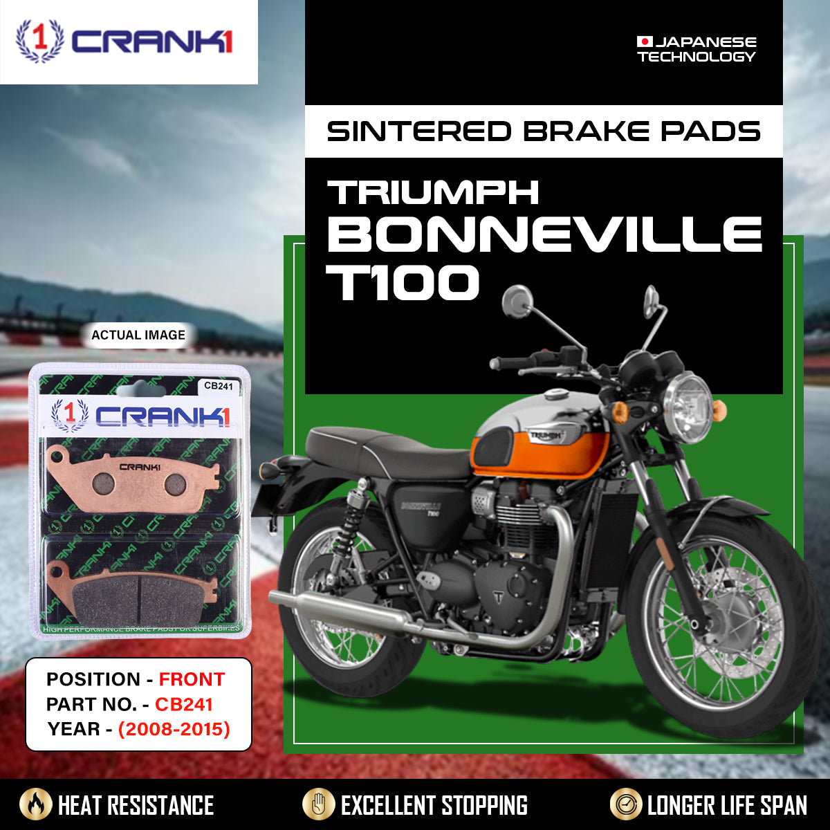 Crank1 Sintered Brake Pads For Triumph Bonneville T100 (2008-2015) - Front - CB241 - 2 Sets Required