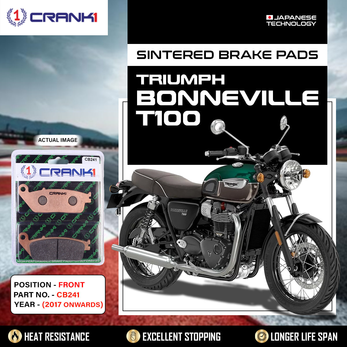 Crank1 Sintered Brake Pads For Triumph Bonneville T100 (2017 Onwards) - Front - CB241