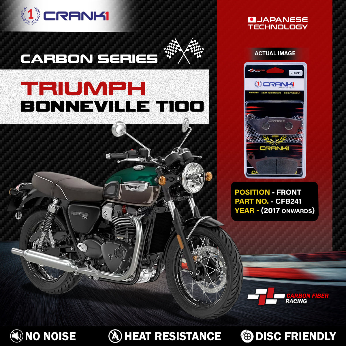 Crank1 Carbon Brake Pads For Triumph Bonneville T100 (2017 Onwards) - Front - CFB241