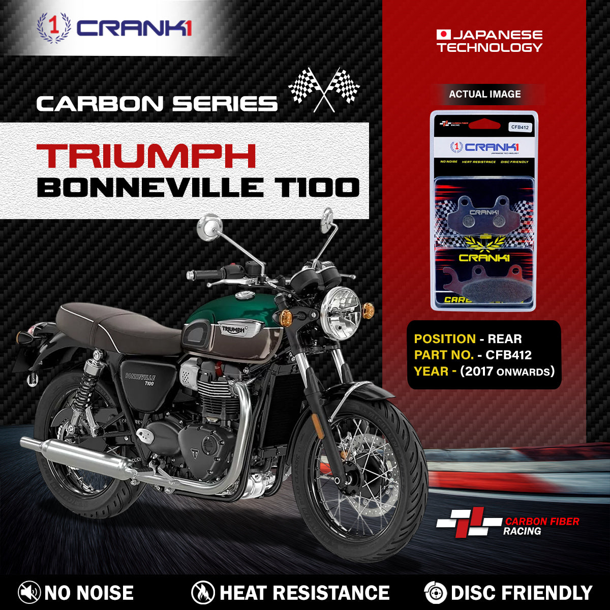 Crank1 Carbon Brake Pads For Triumph Bonneville T100 (2017 Onwards) - Rear - CFB412