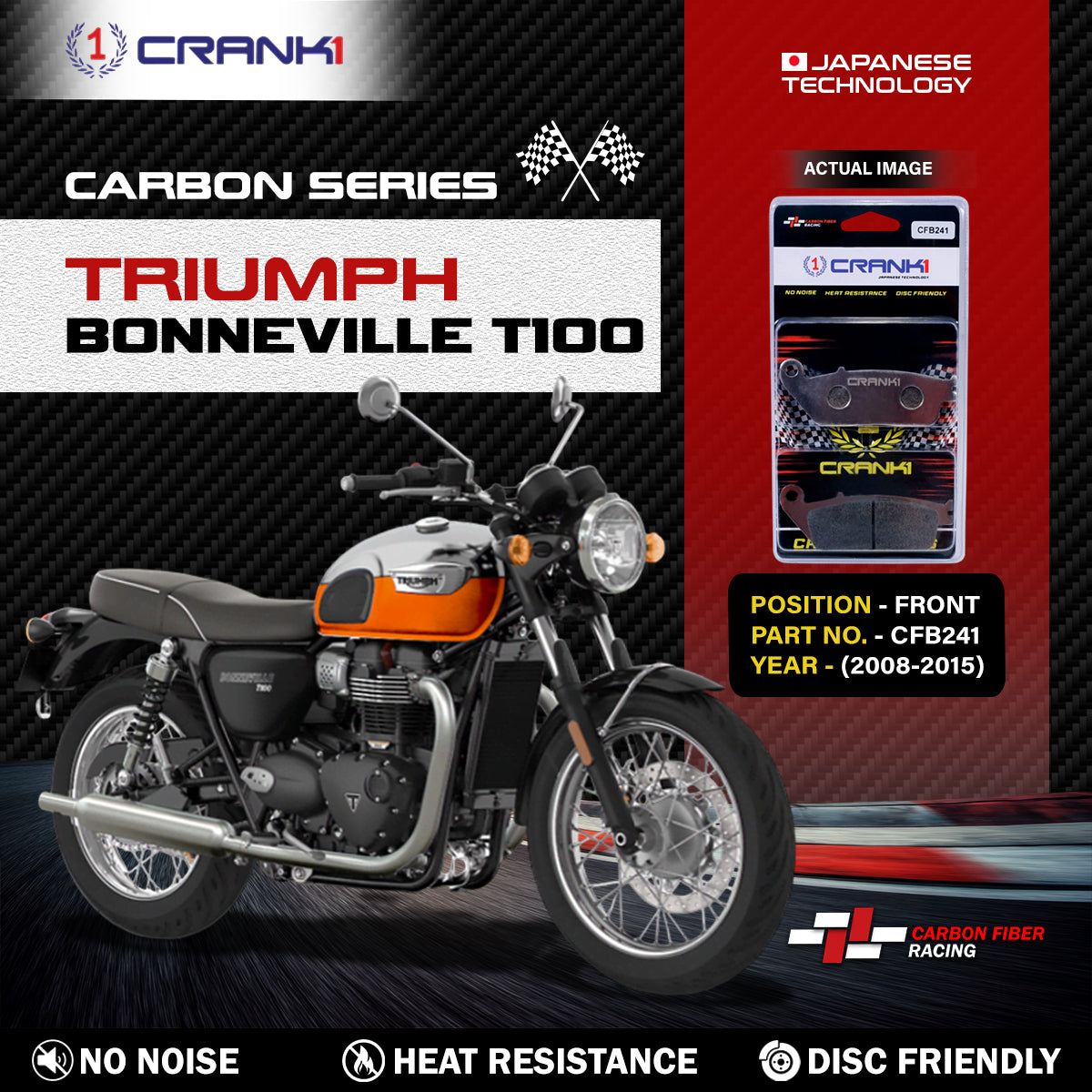 Crank1 Carbon Brake Pads For Triumph Bonneville T100 (2008-2015) - Front - CFB241 - 2 Sets