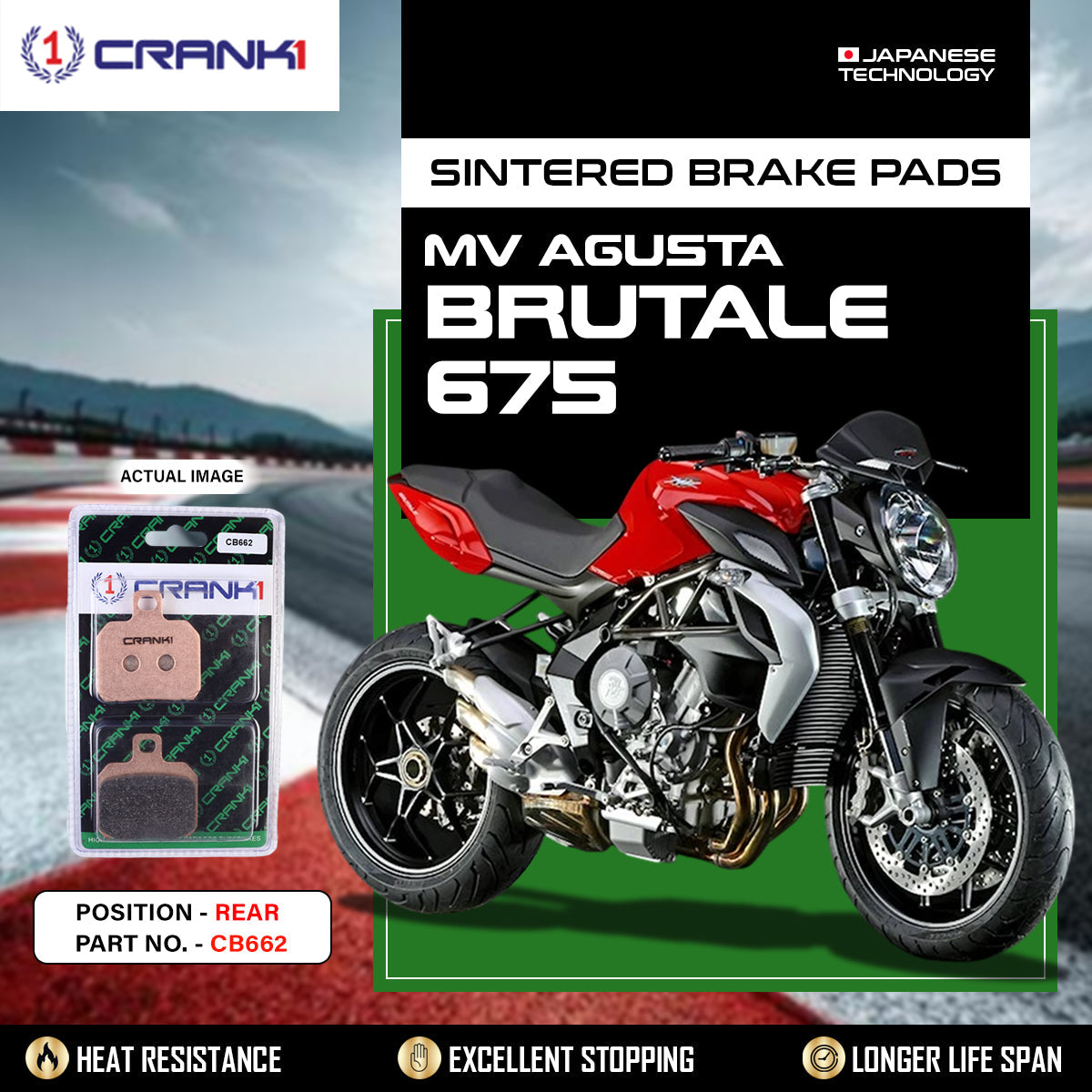 Crank1 Sintered Brake Pads For MV Agusta Brutale 675 - Rear - CB662