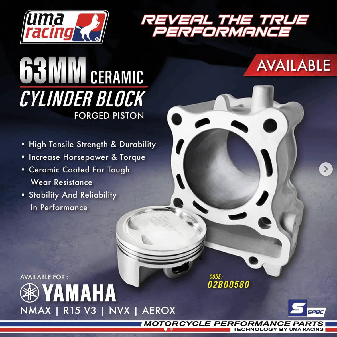 UMA Racing Forged Piston Cylinder Block Kit for Yamaha Aerox 155/ MT/ R15 V3/ V4 63MM - 02B00580
