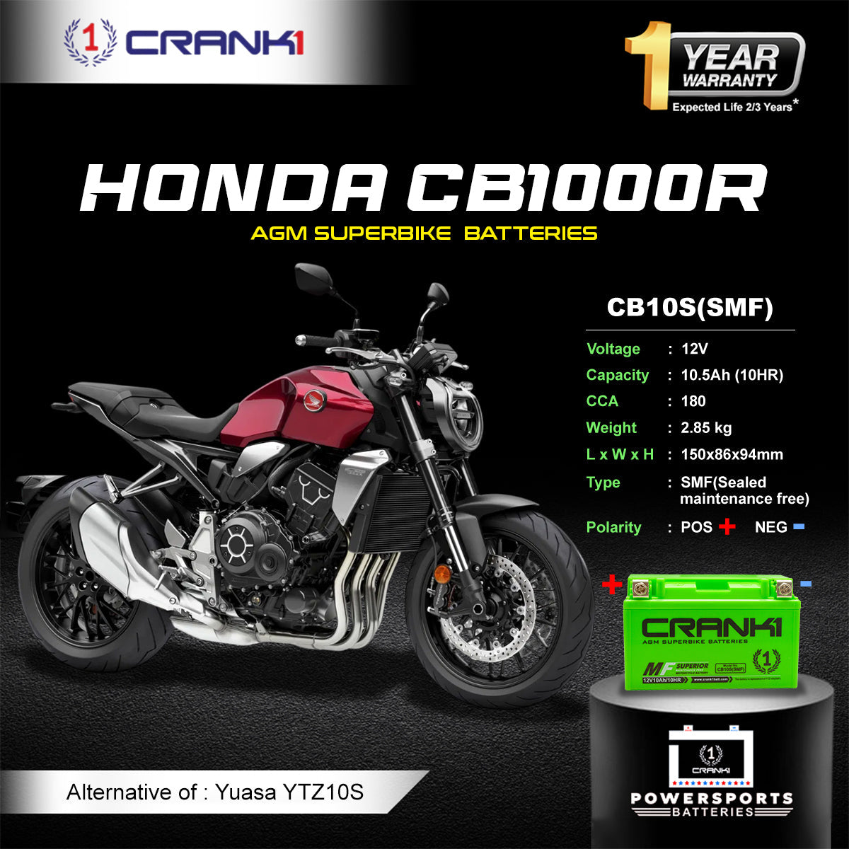 Crank1 Battery For Honda CB 1000 R (2009-2025) - CB10S - Factory Activated