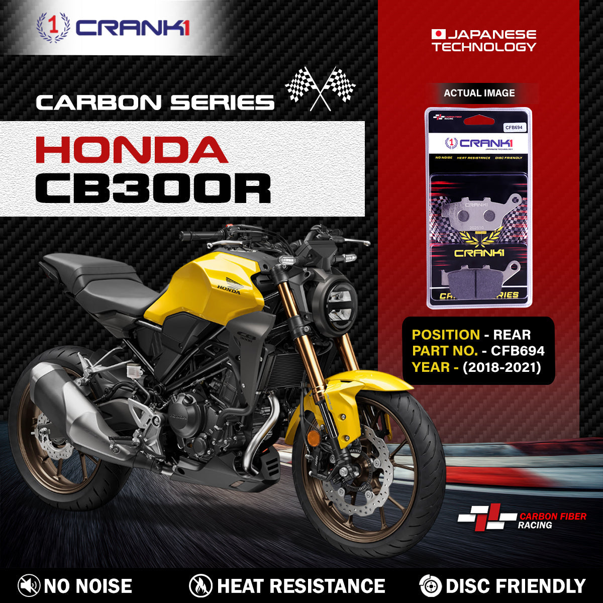 Crank1 Carbon Brake Pads For Honda CB300R (2018-2021) - Rear - CFB694