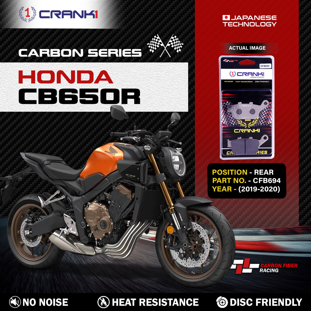 Crank1 Carbon Brake Pads For Honda CB650R (2019-2020) - Rear - CFB694