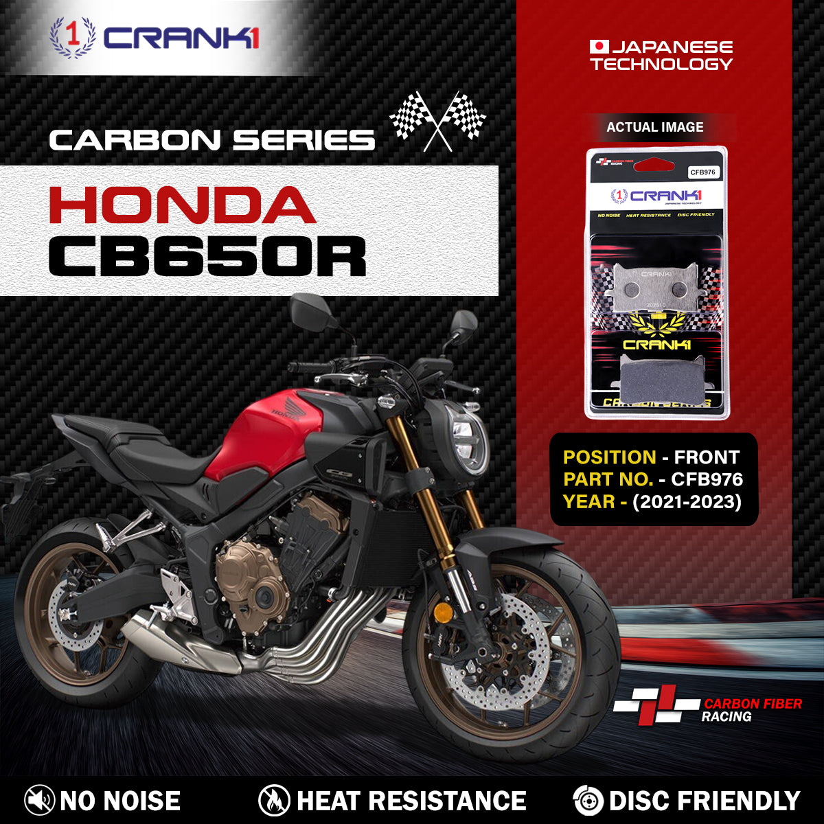 Crank1 Carbon Brake Pads For Honda CB650R (2021-2023) - Front - CFB976 - 2 Sets