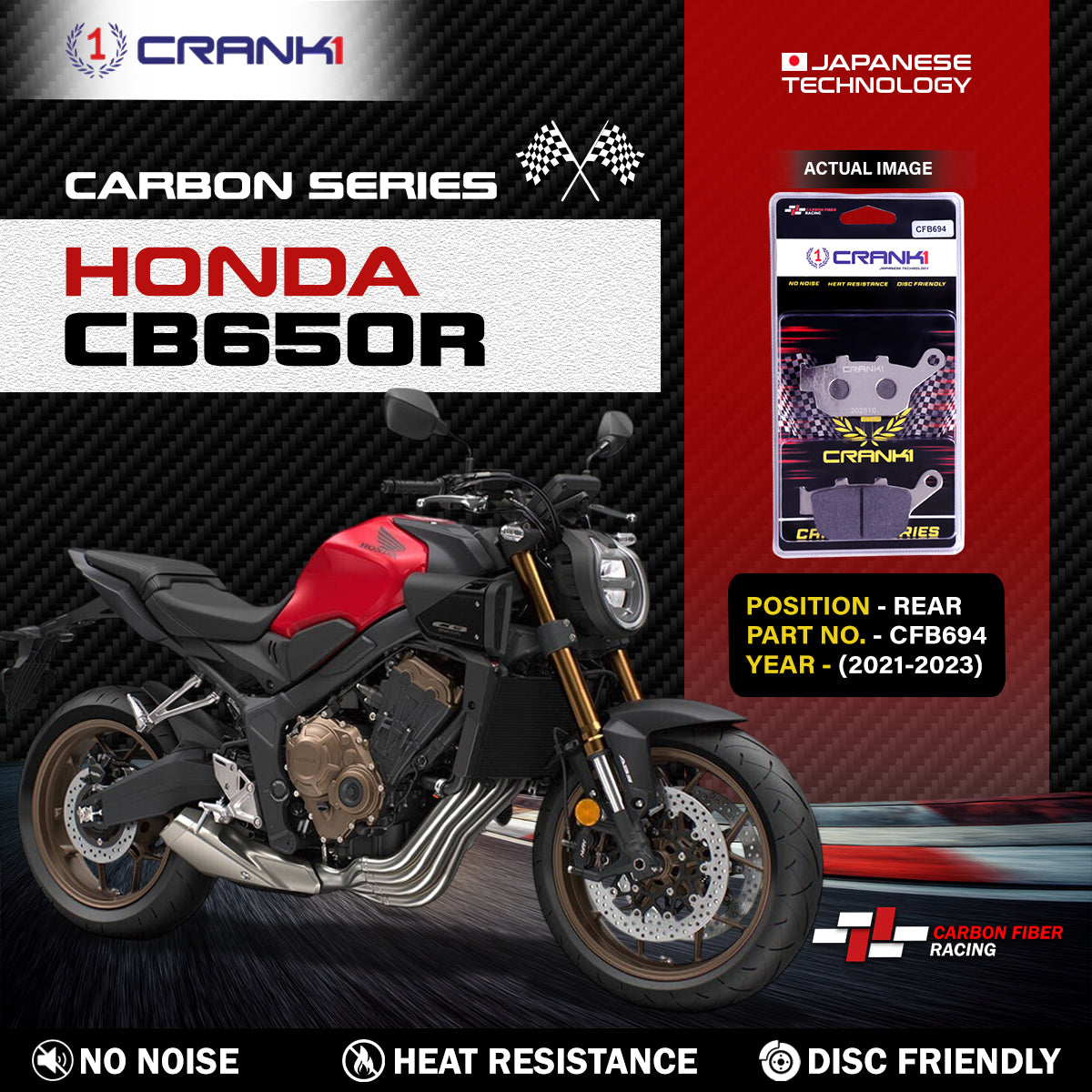 Crank1 Carbon Brake Pads For Honda CB650R (2021-2023) - Rear - CFB694