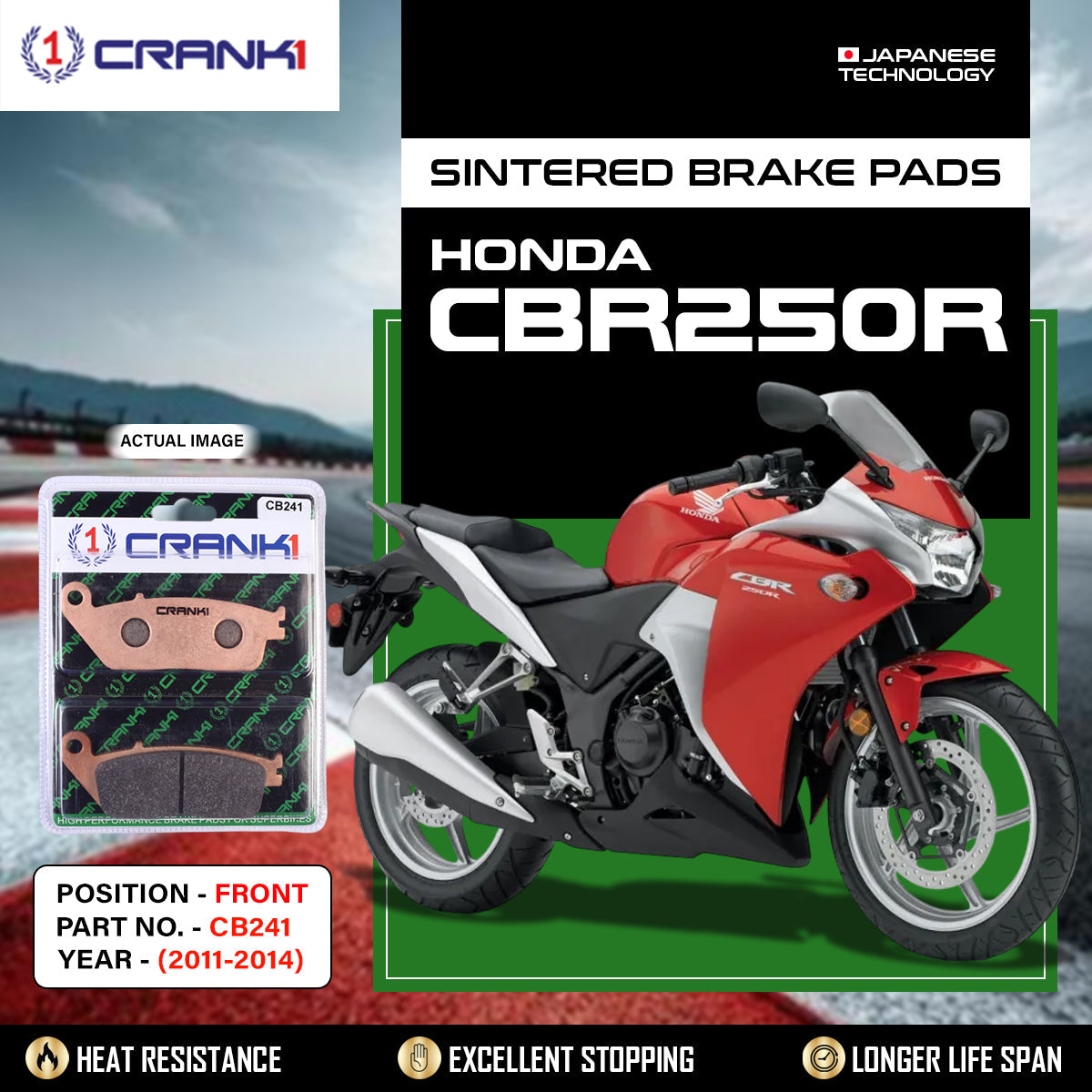 Crank1 Sintered Brake Pads For Honda CBR250R (2011-2014) - Front - CB241