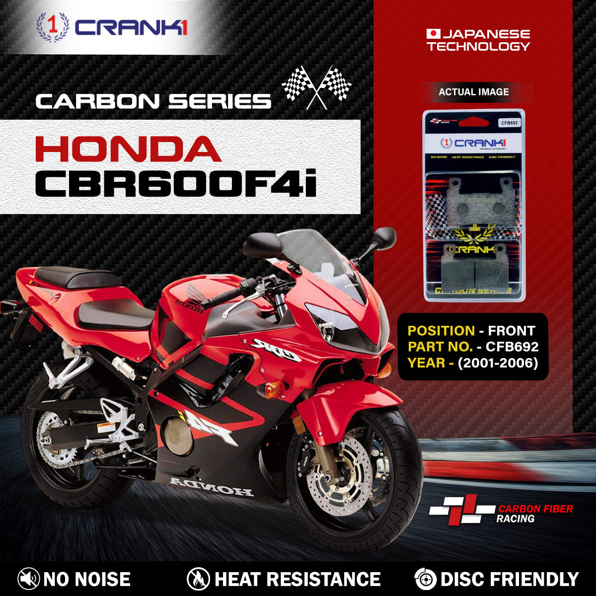 Crank1 Carbon Brake Pads For Honda CBR600F4i (2001-2006) - Front - CFB692