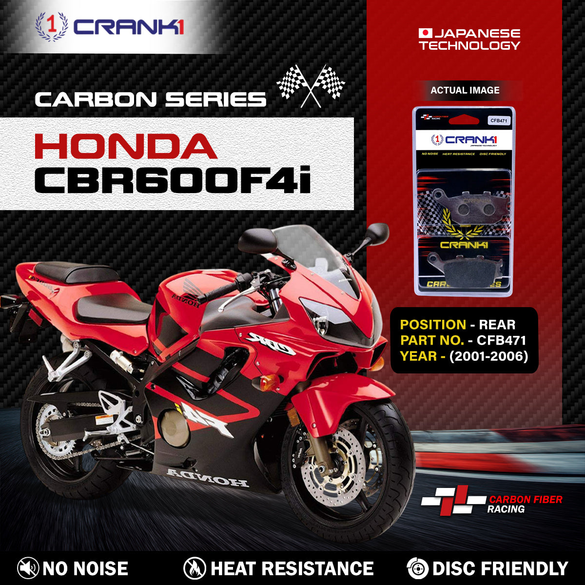 Crank1 Carbon Brake Pads For Honda CBR600F4i (2001-2006) - Rear - CFB471