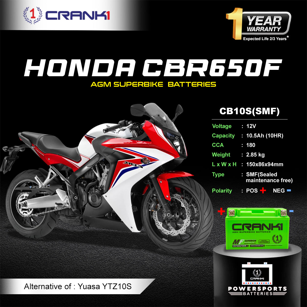 Crank1 Battery For  Honda CBR 650 F - CB10S - Factory Activated