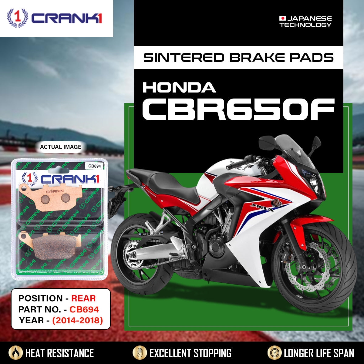Crank1 Sintered Brake Pads For Honda CBR650F (2014-2018) - Rear - CB694