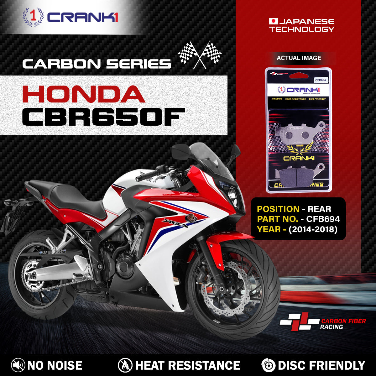 Crank1 Carbon Brake Pads For Honda CBR650F (2014-2018) - Rear - CFB694